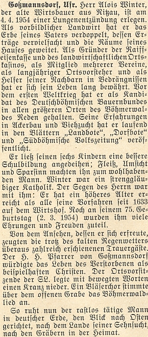 Informace o úmrtí jeho otce Aloise Wintera v dubnu 1954 na stránkách krajanského měsíčníku