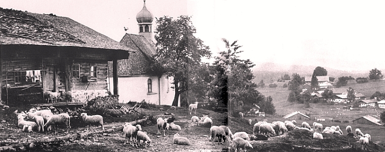 Jedna z nejkrásnějších historických fotografií z Bavorského lesa zachycuje vesnickou kapli
  a pastýřovo stavení v Lindbergu někdy kolem roku 1920