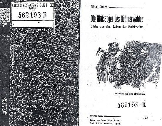 Obálka (1908) jeho zřejmě jinak konfiskované knihy vydané v České Krumlově (nakladatel Anton Weber)
i se signaturou c.k. dvorní knihovny ve Vídni