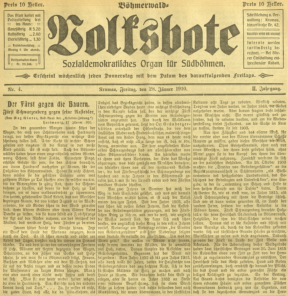 Záhlaví českokrumlovského sociálně demokratického listu Böhmerwald-Volksbote, jehož byl redaktorem, zde s jeho textem proti knížeti Schwarzenbergovi z roku 1910