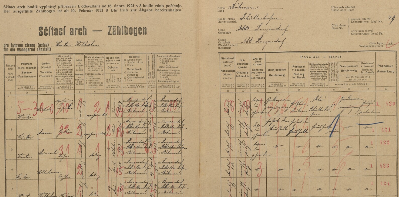 Arch sčítání lidu z roku 1921 pro byt č. 3 v domě čp. 49 v Dlouhé Vsi s rodinou Winterovou i s ním