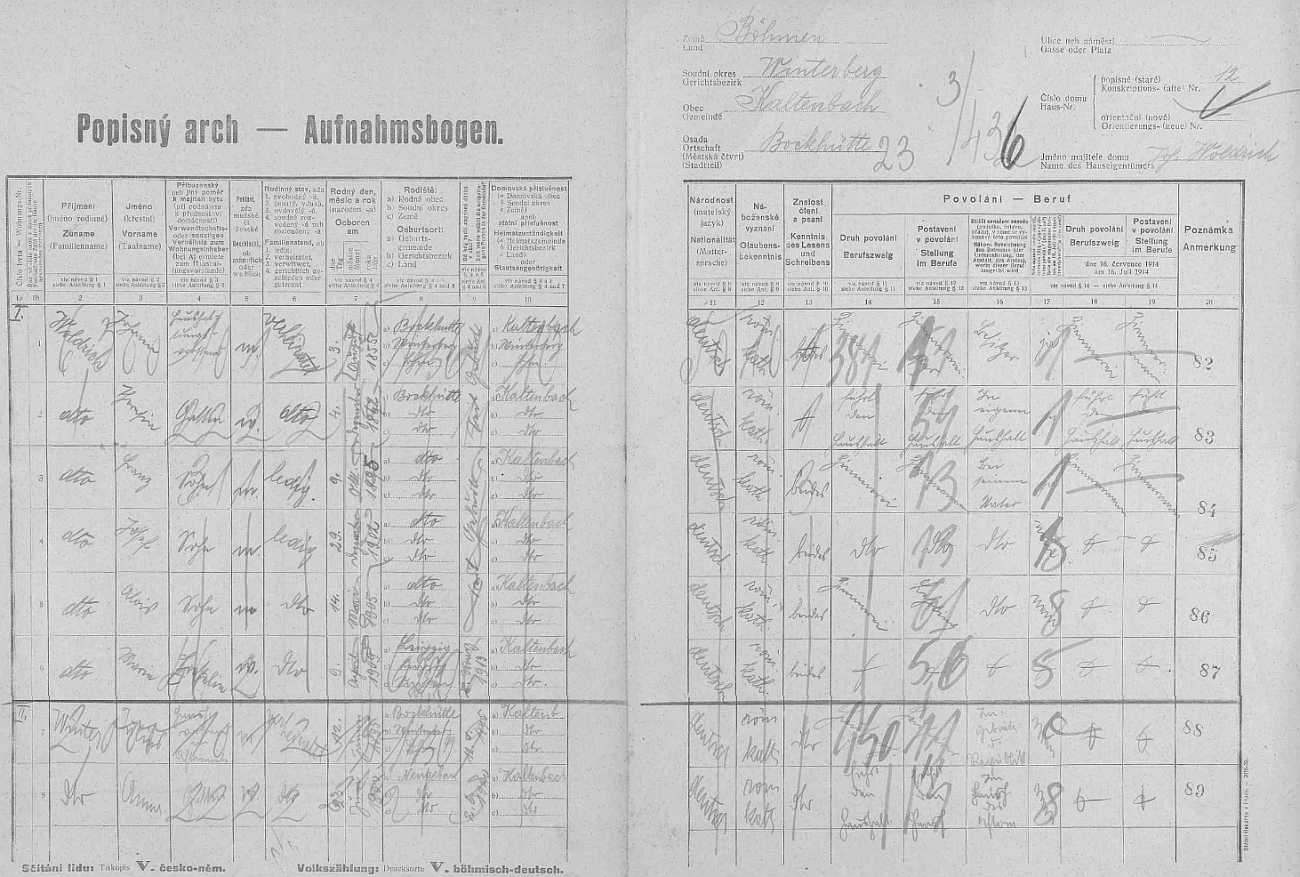 Arch sčítání lidu z února roku 1921 pro stavení čp. 12 v Pokových Hutích s rodinou Johanna a Theresie Woldrichových i s čerstvě měsíc předtím vdanou dcerou Annou a jejím mužem Juliem Winterem "starším"