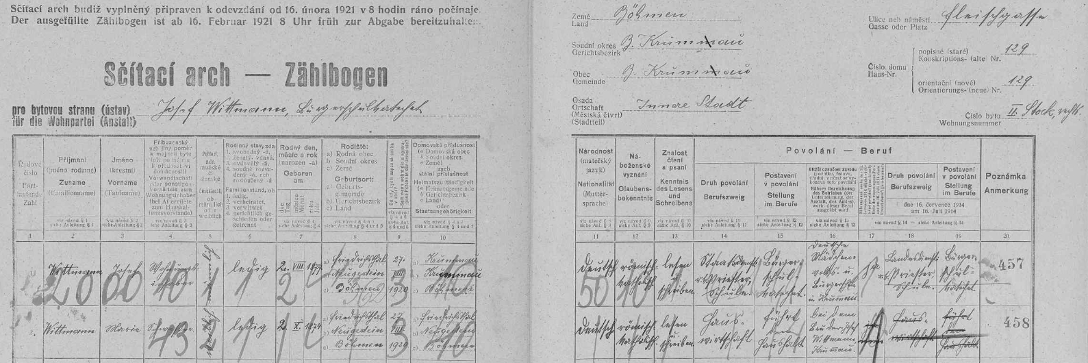 Arch sčítání lidu z roku 1921 pro dům v českokrumlovské Masné ulici (Fleischgasse) čp. 129, kde bydlil se svou sestrou Marií (*2. října 1874 v někdejším Friedrichsthalu jako on) od 27. srpna 1920