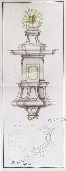 Návrh kazatelny pro kostel ve Volarech od Martina Leyera asi z roku 1756, dva roky po zničení interiéru při požáru