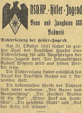 V říjnu roku 1941 četl pro "všechny členy Hitlerjugend" ve velkém sále českobudějovického Německého domu ze svých prací u příležitosti Dne německé knihy