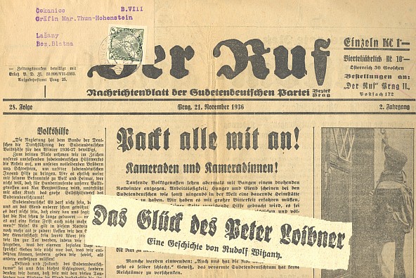 Záhlaví listu Der Ruf (21. 11. 1936), vydávaného Sudetoněmeckou stranou Konrada Henleina s adresním štítkem hraběnky Thun-Hohensteinové v Lažanech a uvnitř s autorovou povídkou