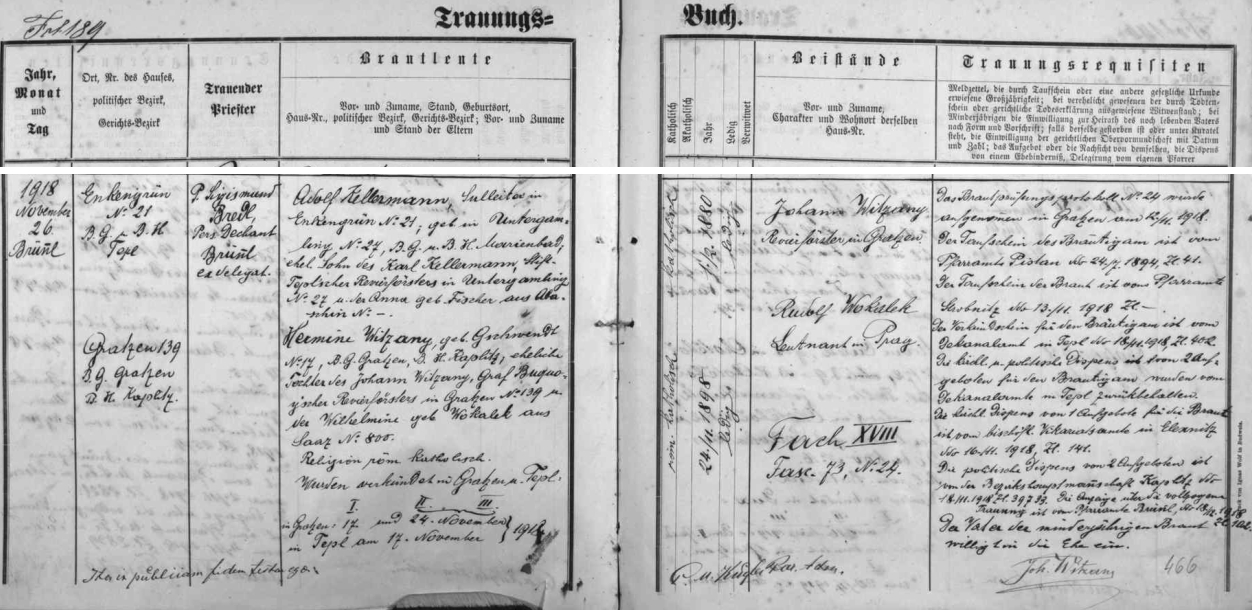 Záznam o svatbě jeho sestry Hermine v Dobré Vodě u Nových Hradů z listopadu 1918 uvádí i data jejich rodičů - otec, hraběcí buquoyský revírník, dokonce připojil podpis nejen jako svědek, nýbrž navíc vpravo dole jako znamení souhlasu se svatbou vůbec pro dceřinu nezletilost