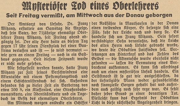 Dvě zprávy o "mysteriózní smrti řídícího učitele" v hornorakouských novinách