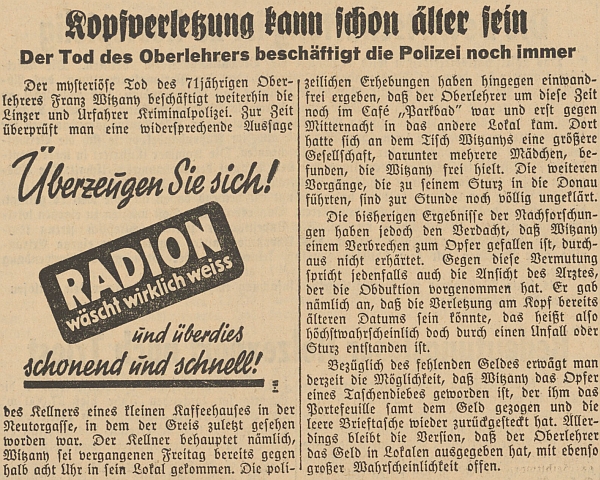 Dvě zprávy o "mysteriózní smrti řídícího učitele" v hornorakouských novinách