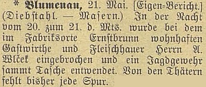 Zpráva o vloupání v Arnoštově, jehož obětí byl její otec - zpravodaj sídlil v dnes zaníklé nedaleké Květné