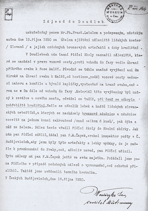 Česky psaný dokument otcův i s jeho podpisem z roku 1930
coby ředitele městského muzea v Českých Budějovicích