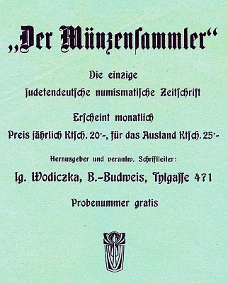 Inzerát na jím vydávaný numismatický měsíčník "Der Münzensammler" (1928-1936)