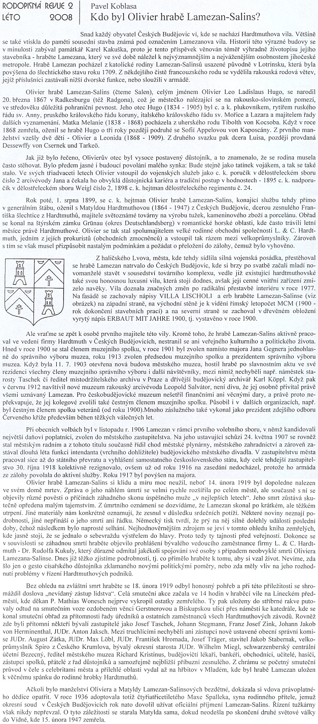 Osobnost hraběte Lamezana-Salinse podrobně popsal Pavel Koblasa na stránkách Rodopisné revue
