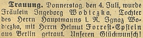 Zpráva českobudějovického německého listu o svatbě jeho dcery s Helmutem Forrest-Epsteinem z Berlína, s nímž byla v roce 1942 rozvedena zřejmě z "rasových" důvodů