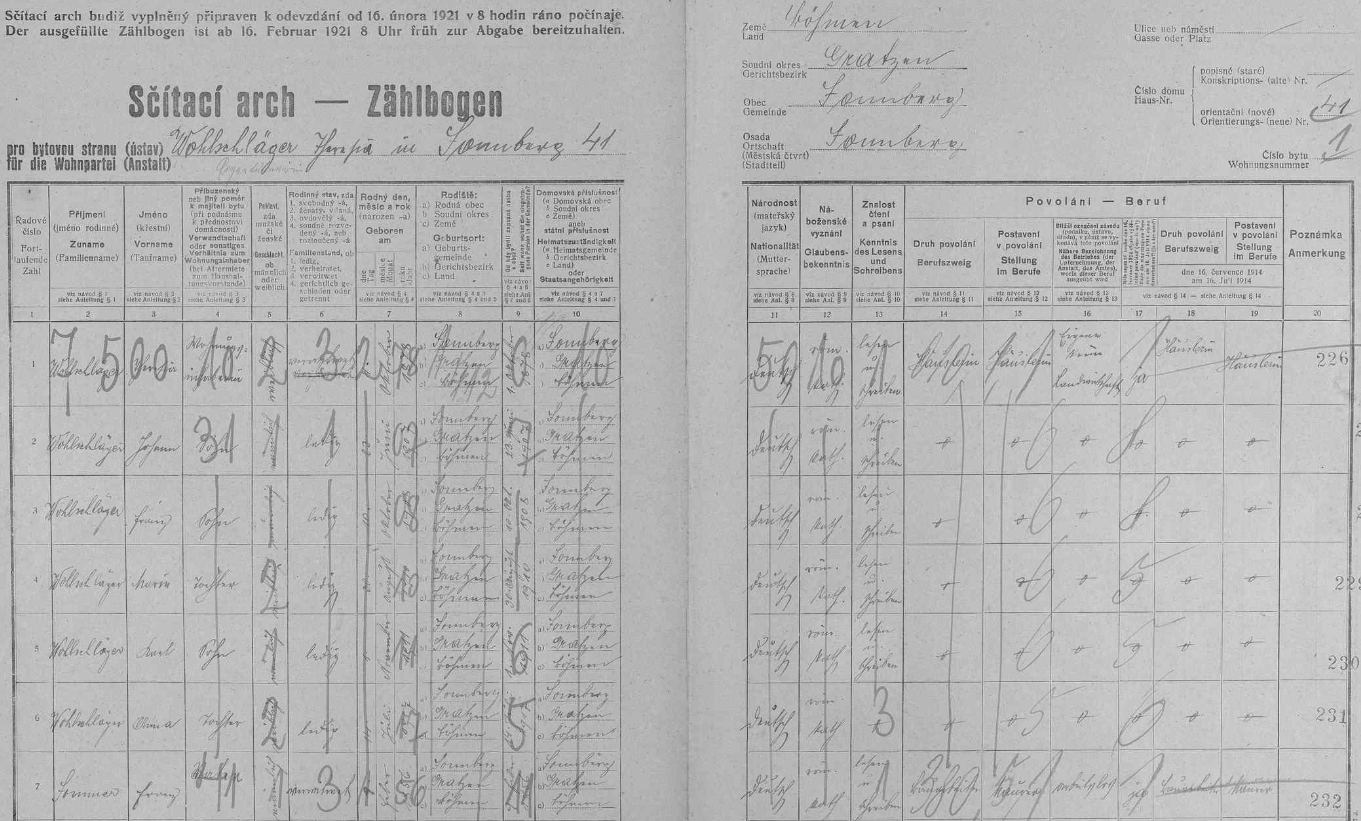 Arch sčítání lidu z roku 1921 pro stavení čp. 41 v Žumberku, kde tehdy žila už ovdovělá Theresie Wohlschlägerová, roz. Sommerová, se svými dětmi, mezi nimiž nacházíme i Ernstova otce Karla