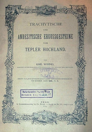 Obálka (1904) jeho práce o trachytických a andesitických vyvřelinách Tepelské vrchoviny