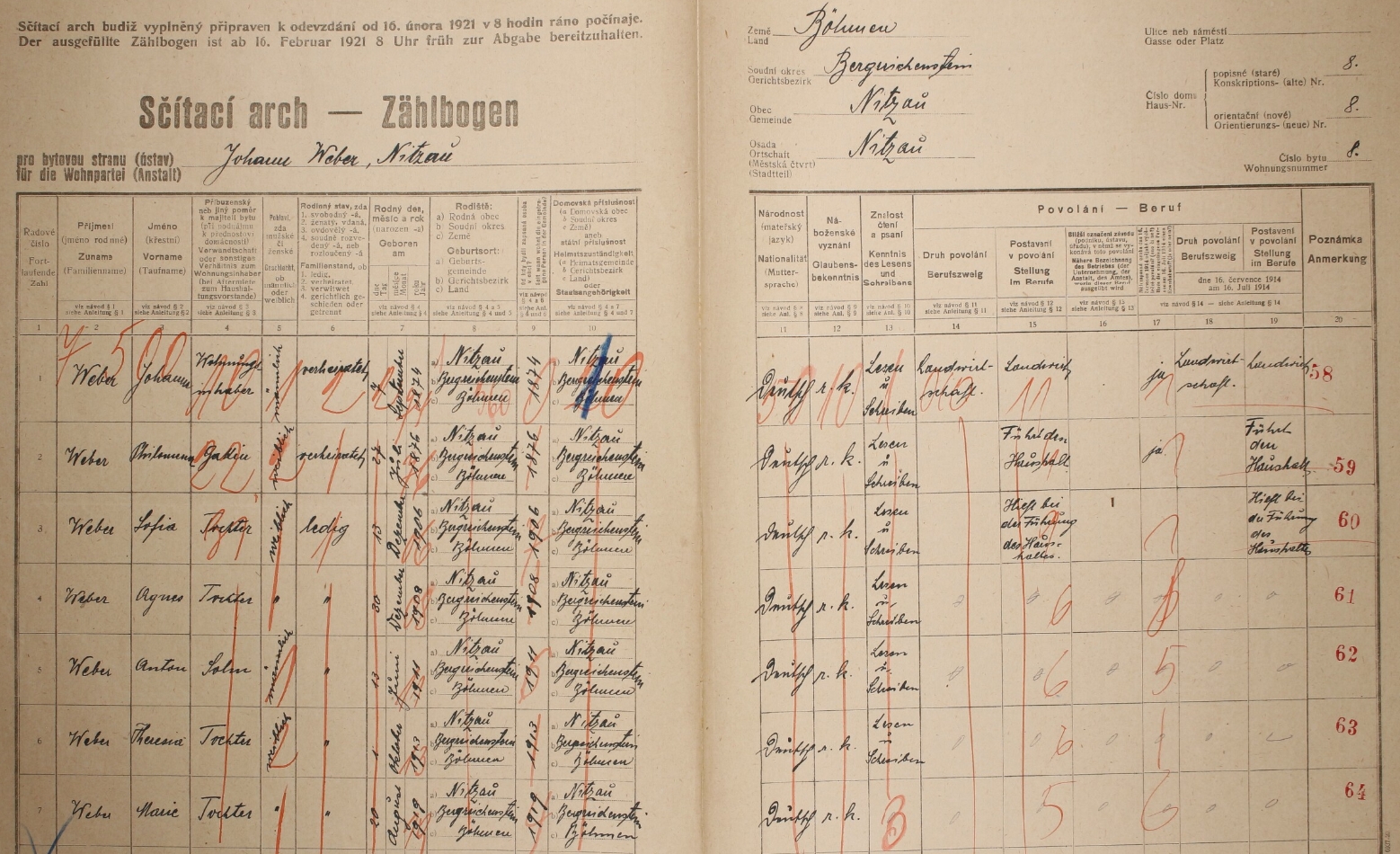 Arch sčítání lidu z roku 1921 pro stavení čp. 8 v Nicově i s maminkou Marií