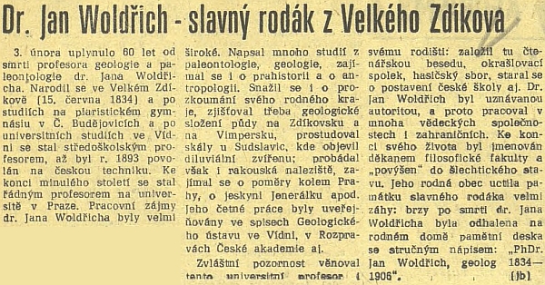 Článek českobudějovického deníku k 60. výročí Woldřichova skonu