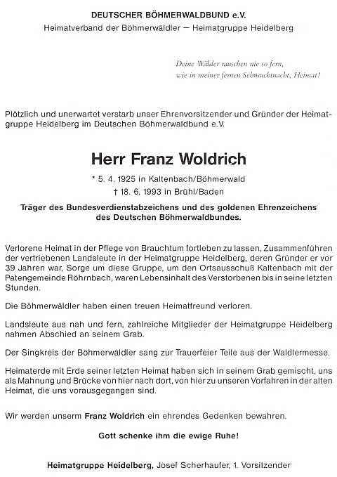 Další parte, které mu vystavila domovská skupina Heidelberg sdružení Deutscher Böhmerwaldbund