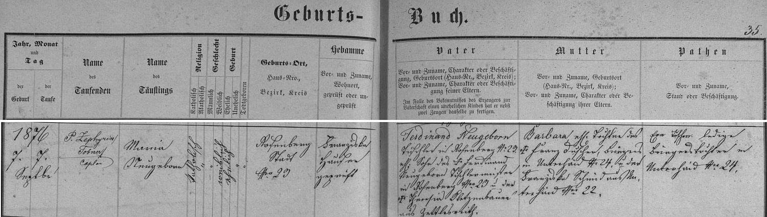 Záznam křestní matriky o narození matčině v Rožmberku nad Vltavou, křtil ji Zephyrin Tobner