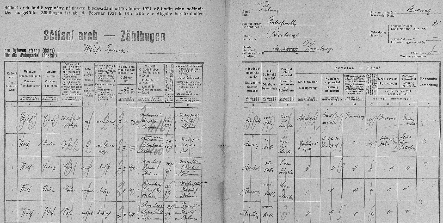... a arch sčítání lidu z roku 1921 pro dům čp. 2 v Rožmberku nad Vltavou, v obou případech i s ním