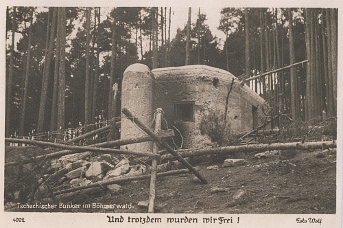 Na pohlednici firmy Foto Wolf je zachycen bunkr u Křenova a text hlásá, že "navzdory tomu jsme byli osvobozeni"