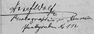 Podpis ze stránek českokrumlovské oddací matriky, kde figuruje jako svědek jedné zdejší svatby v listopadu roku 1918