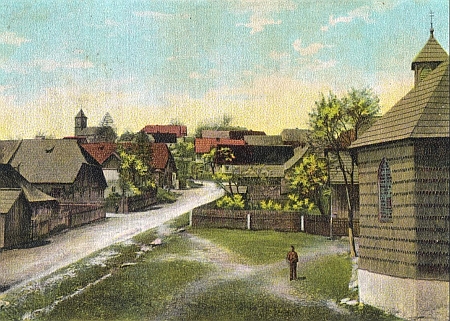 Kaple, stojící na místě nového kostela v Pleši, na snímku z konce 19. století
