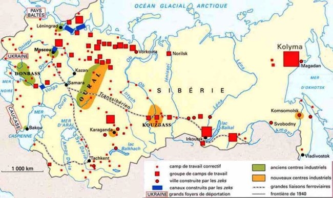 Mapa sovětského "archipelagu Gulag" - Vorkutu vidíme nahoře uprostřed