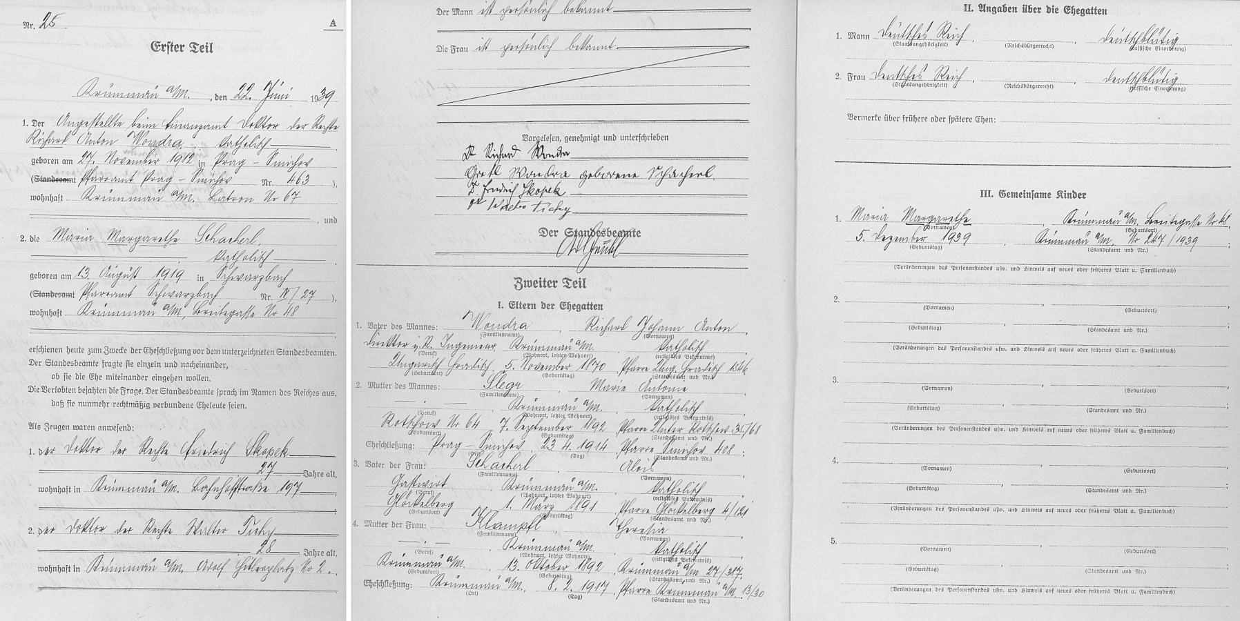 Záznam stavovské matriky tehdy už "říšského" Krumlova z roku 1939 o svatbě jeho syna Richarda Antona Wondry poskytuje cenné údaje i o něm
