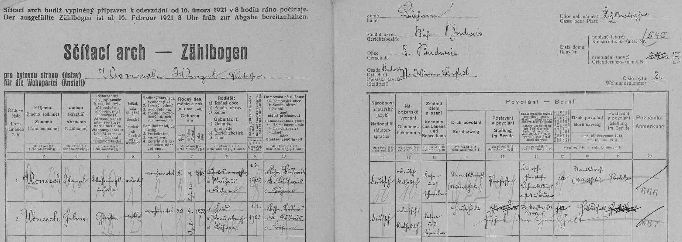 Arch sčítání lidu z roku 1921 pro dům čp. 540/17 v Žižkově ulici, kde žil se svou ženou Helenou (*20. dubna 1872 v Boru, dnešní okres Tachov)