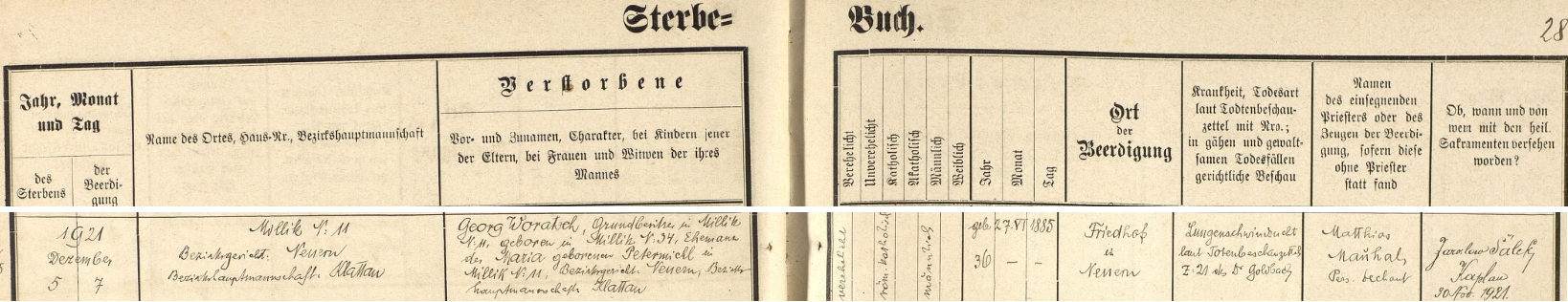 Záznam úmrtní matriky, který pořídil farář Matthias Maňhal, o otcově úmrtí v Milencích čp. 11 a pohřbu v Nýrsku, kde byl pochován