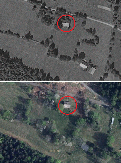 Dům čp. 34 v Brčálníku na leteckých snímcích z let 1959 a 2011