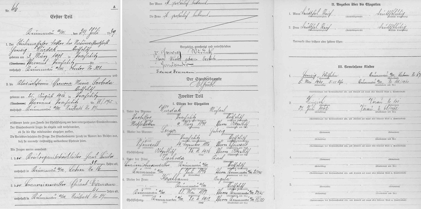 Záznam nacistické oddací stavovské matriky z července 1939 o jeho svatbě v "Krummau an der Moldau"