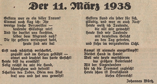 Jeho báseň v rakouském nacistickém měsíčníku k 1. výročí "anšlusu"