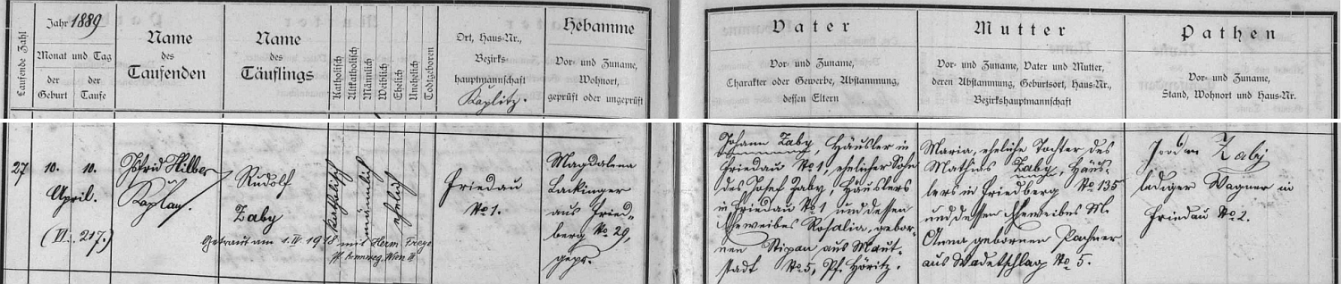 Záznam frymburské křestní matriky o jeho narození s pozdějším přípisem o vídeňské svatbě 1. dubna 1918 s Hermine Freynovou