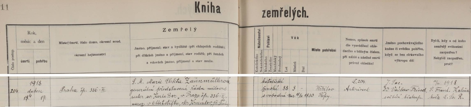 Záznam o jejím skonu v úmrtní matrice farnosti sv. Mikuláše na prařské Malé Straně