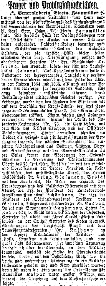 Zpráva o úmrtí v pražských německých novinách