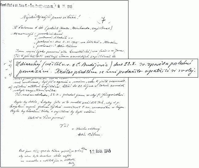 Vzácný doklad o zpovědi a posledním pomazání Emmericha Zdiarského v říjnu 1945
(nahoře vidíme i záznam o pohřbu Karla Meinharda na hřbitově v Mladém)