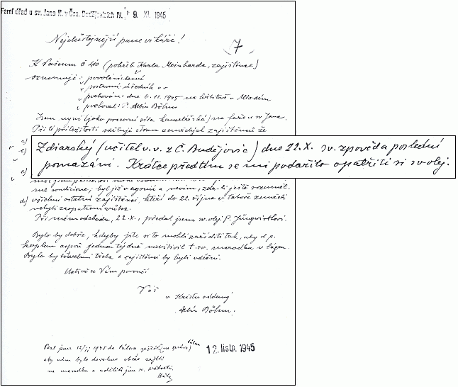 Vzácný doklad o zpovědi a posledním pomazání Emmericha Zdiarského v říjnu 1945
(nahoře vidíme i záznam o pohřbu Karla Meinharda na hřbitově v Mladém)