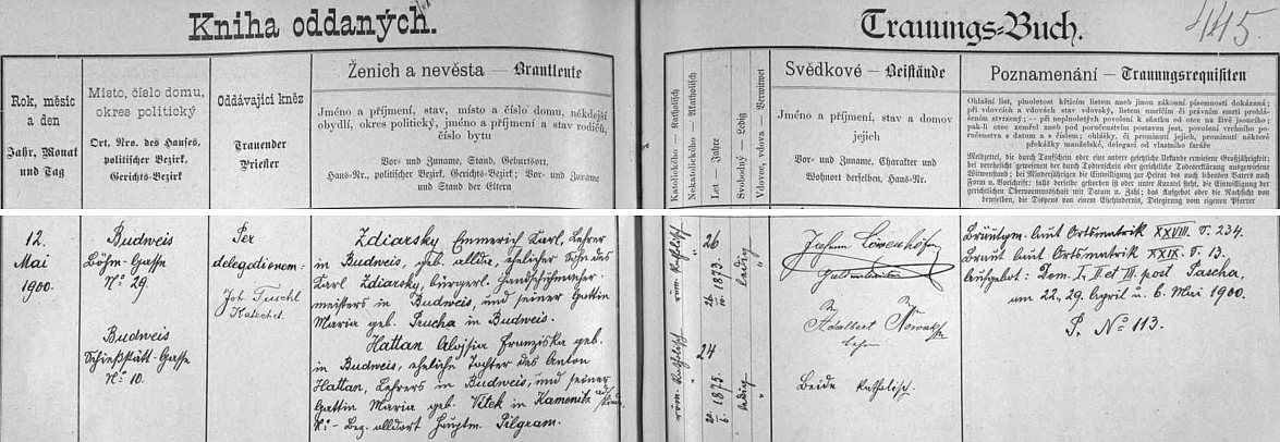 Záznam z českobudějovické "Knihy oddaných" o jeho svatbě 12. května 1900 s Aloisií Franziskou Hattanovou, dcerou učitele Hattana a jeho ženy Marie, roz. Vítkové z Kamenice nad Lipou