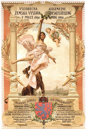 Plakát k výstavě od Vojtěcha Hynaise - původně byla plánována jako "Všeobecná" zemská výstava, po bojkotu německých podnikatelů se konala jako "Jubilejní"