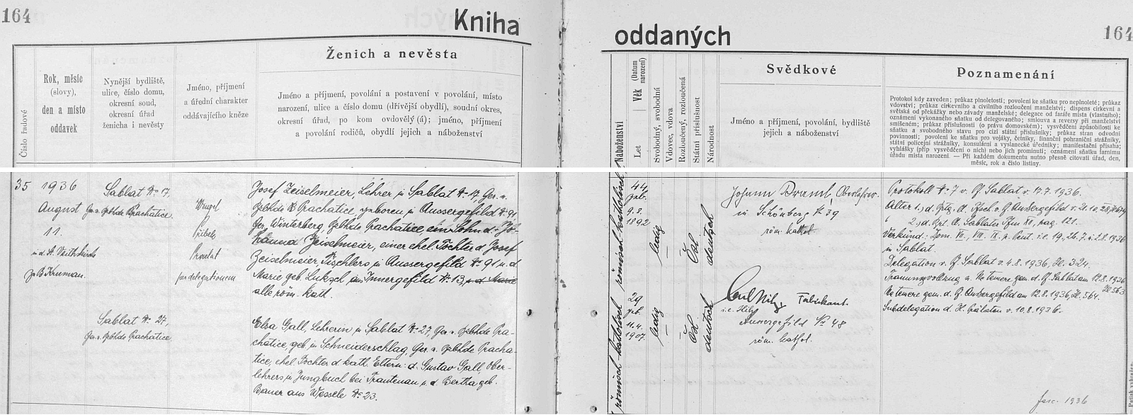 Záznam českokrumlovské oddací matriky o jeho zdejší svatbě