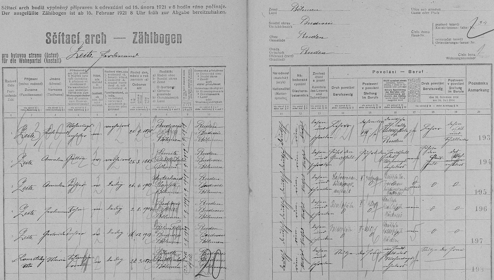 Arch sčítání lidu pro dům čp. 34 v Roudném (dosud stojí na Vidovské ulici) s rodinou učitele Ferdinanda Zeitze, tj. s manželkou Amalií (*25. března 1883 v Čímicích /Cimitz/ u Sušice), dcerou Amalií (*26. dubna 1903 v Dolním Dvořišti /Unterhaid/), synem Ferdinandem (*2. srpna 1904 v Českých Budějovicích), dcerou Gertrude (*16. prosince 1913 v Českém Vrbném /Böhmisch Fellern/) a švagrovou Marií Lometzky (*28. března 1872 v Čímicích), všemi bez výjimky národnosti německé