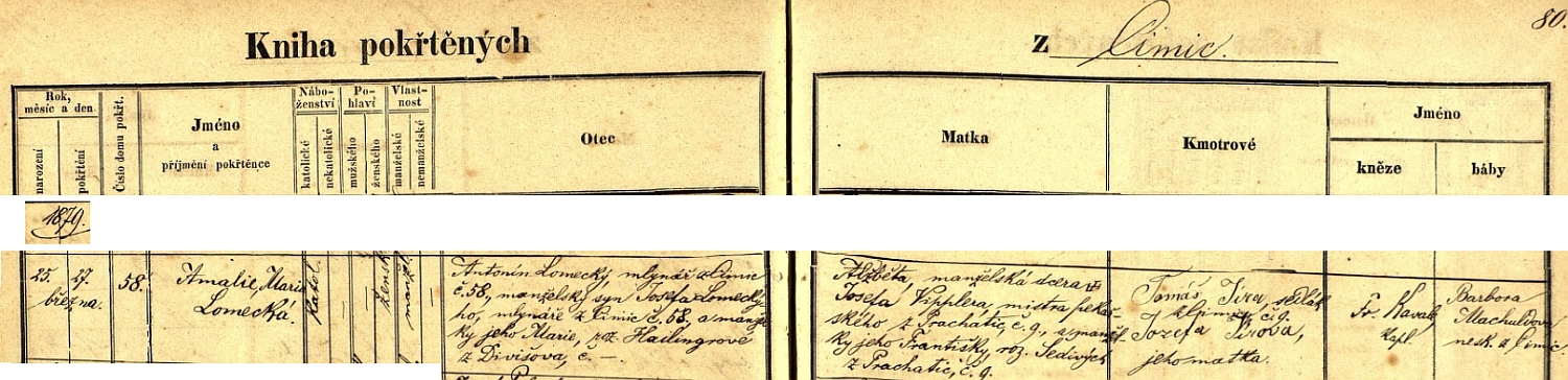 Záznam o narození manželčině v čímické křestní matrice
