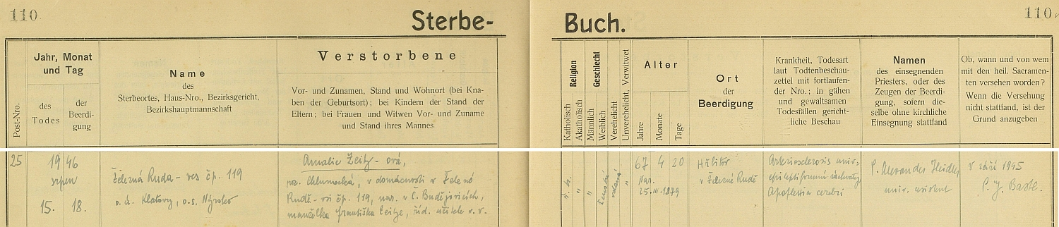Záznam o úmrtí manželčině v železnorudské knize zemřelých uvádí chybně její rodné jméno a křestní jméno manželovo