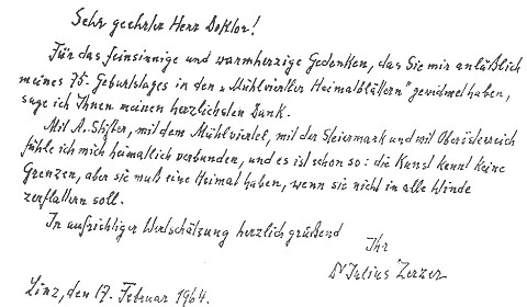 Poděkování Dr. Aloisu Großschopfovi za článek k pětasedmdesátinám Zerzerovým, který vyšel v "Mühlviertler Heimatblätter"