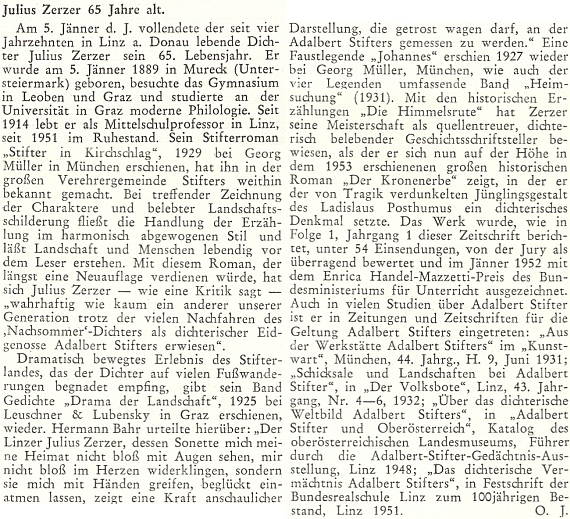 Otto Jungmair (1889-1974) je tu podepsán iniciálami svého jména pod připomínkou Zerzerových pětašedesátin