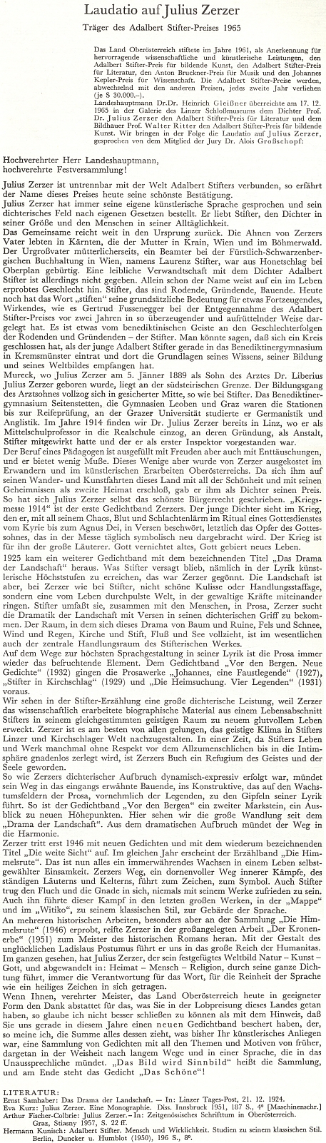 Laudatio, které pronesl Alois Großschopf při udělení Ceny Adalberta Stiftera Juliu Zerzerovi
17. prosince 1965 v galerii lineckého zámeckého muzea