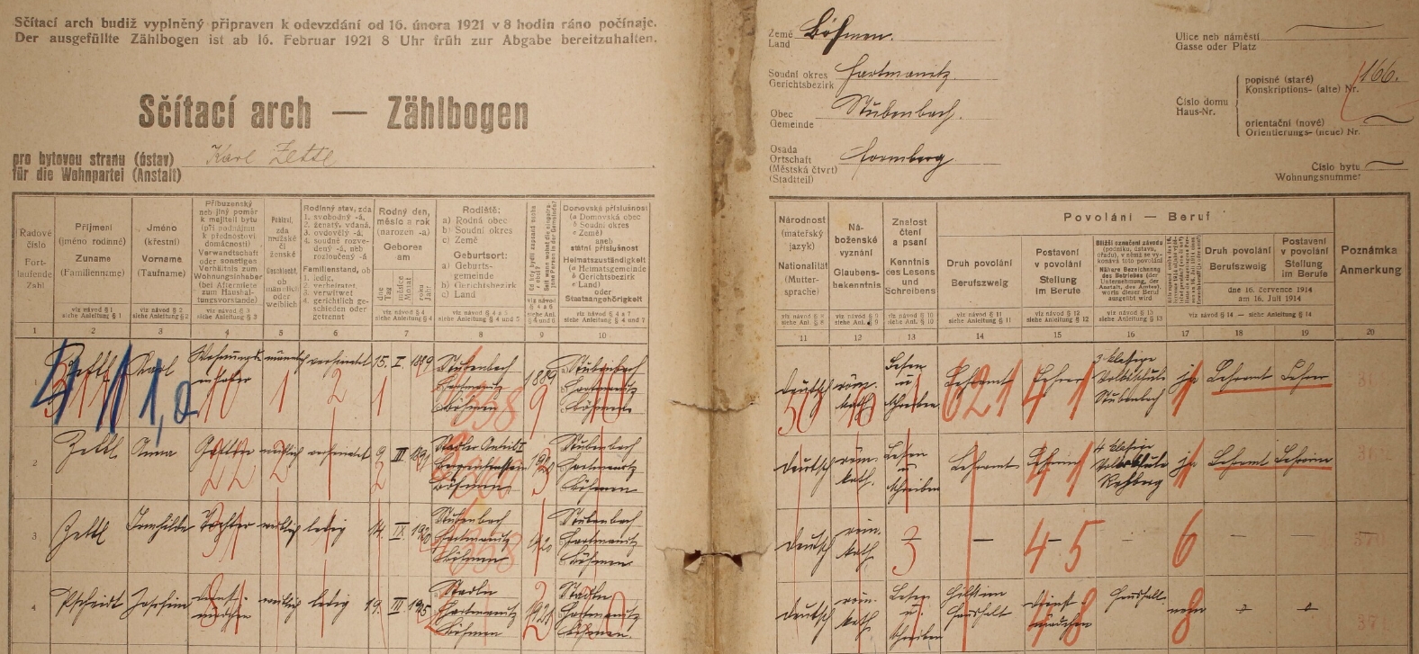 Arch sčítání lidu z roku 1921 pro čp. 166 v Prášilech i s daty jeho, ženinými a dceřinými